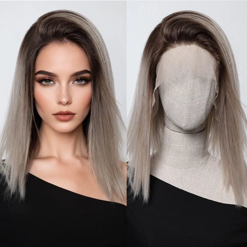 HENRY MARGU Ash Blonde Lace Synthetic Wigs 13*6 Lace Front Wigs Ombre Natural Dark Roots Wigs for Daily Heat Resistant Fiber