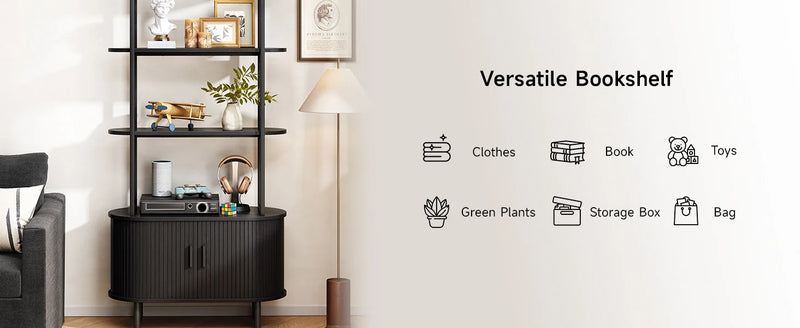 71" Tall Bookshelf,4-Tier Book Shelf with Storage Cabinet,Modern Bookcase with Sliding Door & Adjustable Footpad