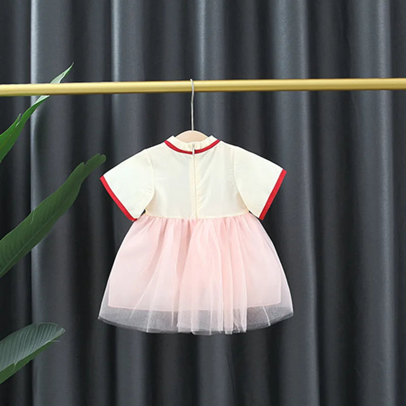 Summer Children Clothes Vintage Chinese Style Embroidered Baby Party Mesh Dresses For Toddler Girl 0 To 3 Years Kids Costume