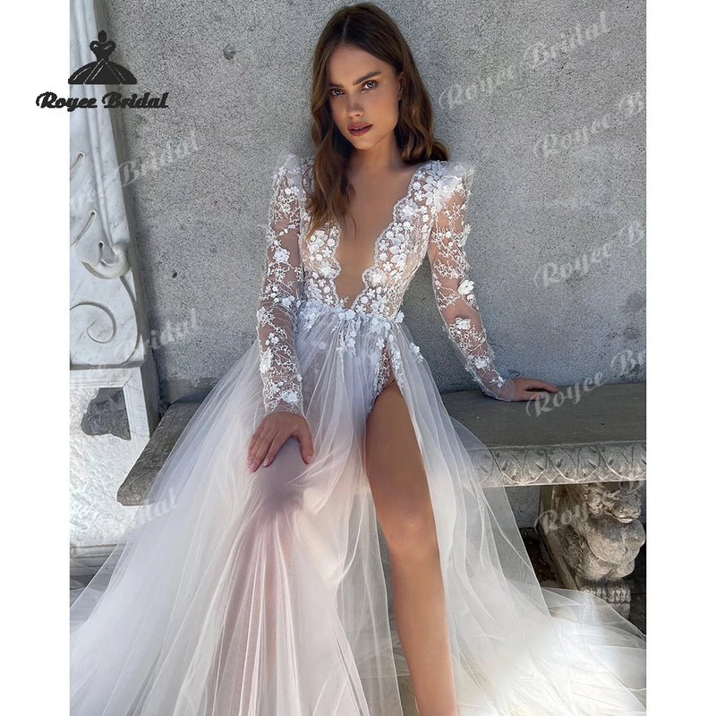 Sexy Appliques A Line Wedding Dresses Deep V Neck - View 5 | SAMAG