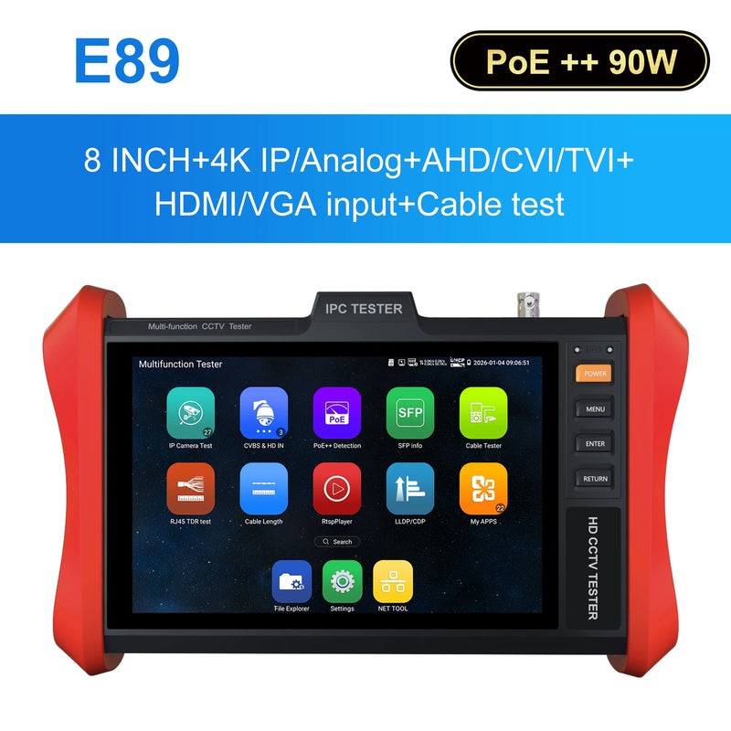 WANGLU 8 inch Monitor POE++ 90W SFP 4K H.265 IP 8MP AHD/TVI/CVI CCTV Camera Testing Tool HDMI VGA input Cable Tester E88/E89/E90