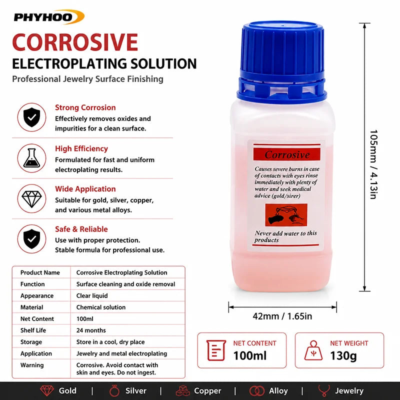 PHYHOO Professional Jewelry Electroplating Solution Kit Gold Silver Rose Plating Formula Fluid System For Workshop DIY Crafts