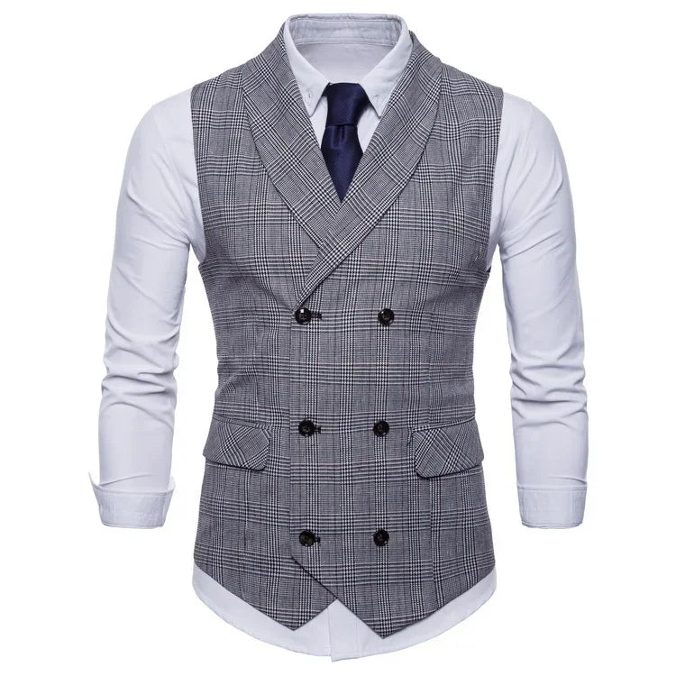 Blazer Men Vests Plaid Suits Coats Double Breasted Turn Down Collar Sleeveless Slim Fit Vest Coat Casual Regular Splice Autumn