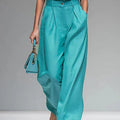 Women's Imitation linen Elegant Sleeveless Shirt Two Piece Outfit - Stand Collar Pocket Blouse High Waisted Wide Leg Pants Sets