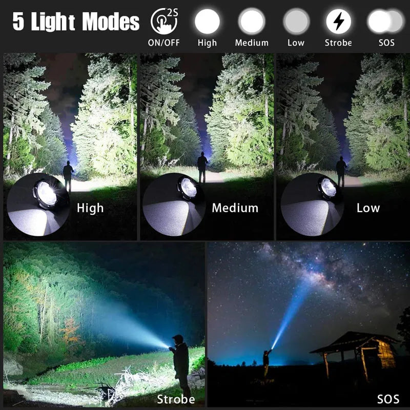 High Power Rechargeable LED Tactical Flashlight  Aluminum Alloy Telescopic Zoom Torch Lamp for Outdoor Camping Fishing
