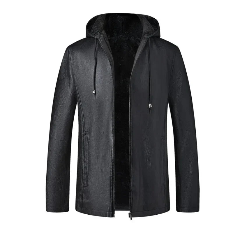 Winter High-end Men's Hooded Leather Jacket with Waterproof Windproof and Plush Insulation Men Clothing
