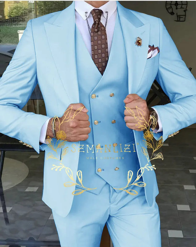 Beige Business Suits For Men Tuxedos Gold Buttons Groom Groomsman Prom Wedding Party Formal 3 Pieces Sets - View 20 | SAMAG