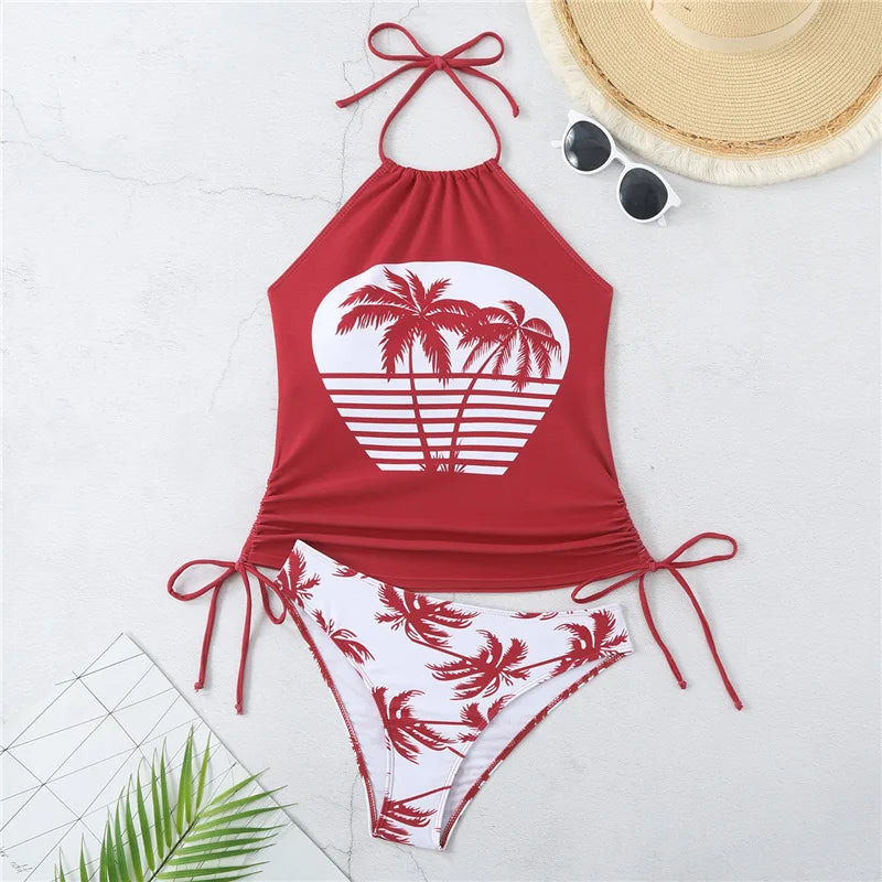Sexy Solid Print Tankini Set Tied Halter Bikini Swimsuit | SAMAG
