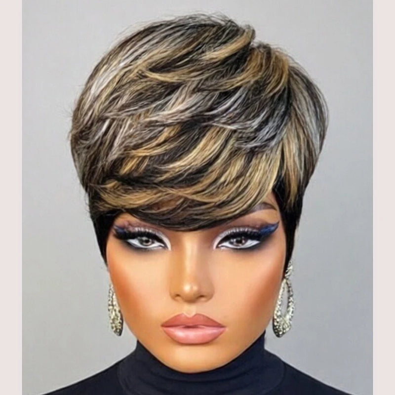 Short Layered Straight Pixie Cut Finger Waves Wigs Human Hair 100% Natural Realistic Tangle Free Full Machine Made For Women