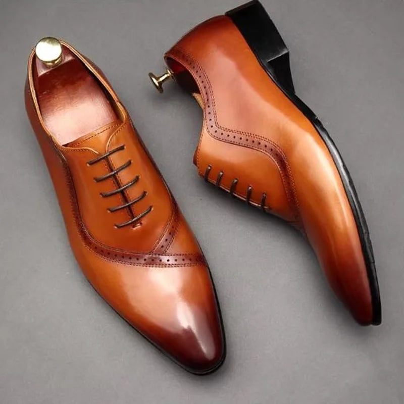 High Quality Cowhide Leather Dress Shoes For Men British Style Pointed Toe Lace-up Genuine Leather Oxford Formal Shoes