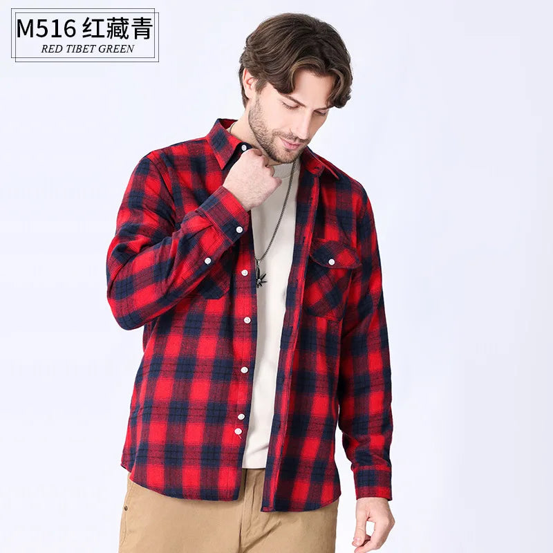 American size men's long-sleeved shirt autumn and winter flannel coat plaid casual non-ironing large size with pockets