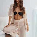 2 Piece Knitted Openwork Outfit for Women Summer Casual Beach Suits Loose Cardigan Short Sleeve Tops and Pant Sets