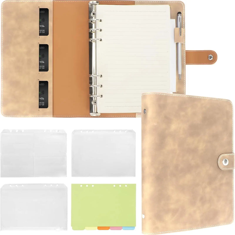 New Leather A5 Binder 6 Ring Binder Notebook - PU Leather Refillable Notebook with Binder Pockets, Dividers, Refill Paper