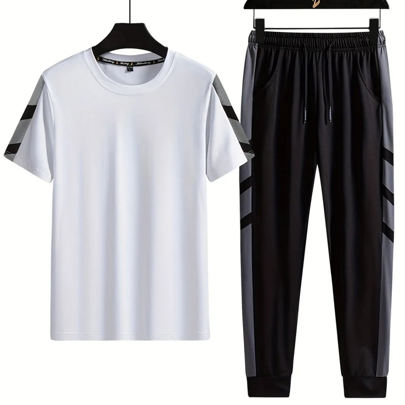 Summer men's new striped printed men's polyester breathable round neck T-shirt and pants set outdoor casual wear