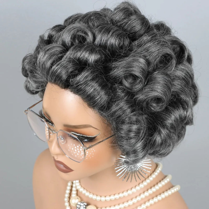 210% Short Salt And Pepper Grey Wigs Human Hair For Black Women Glueless Grey Human Hair Wig Rose Curly Pixie Cut Wig Human Hair