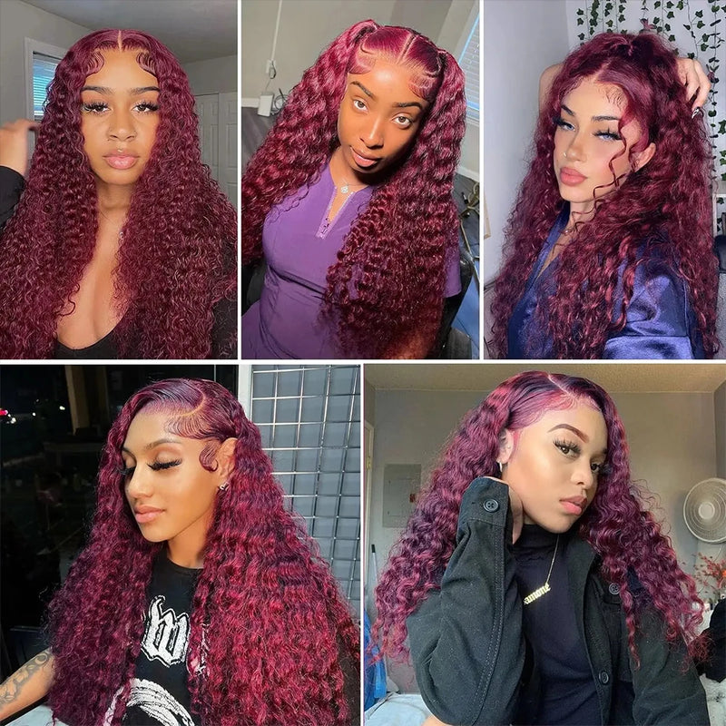 30 38 40 Inch 99J Burgundy Deep Wave Human Hair Wig 13x6 HD Transparent Lace Frontal Wig 200 Density Colored Human Hair Wig Pre Plucked For Women