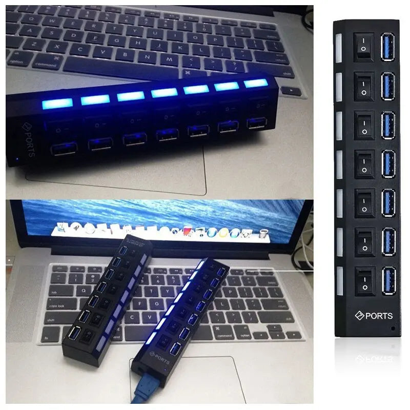 High Speed 7 Ports USB HUB 2.0 Adapter Expander Multi USB Splitter Multiple Extender with LED Lamp Switch for PC Laptop