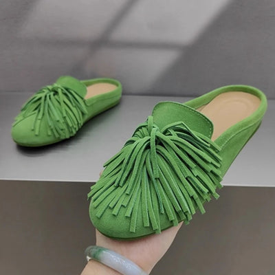 DIMANYU Women's Mules Shoes Genuine Leather 2026 New  Women Slippers Flat Tassel Closed-Toe Female Large Size Slippers Women 