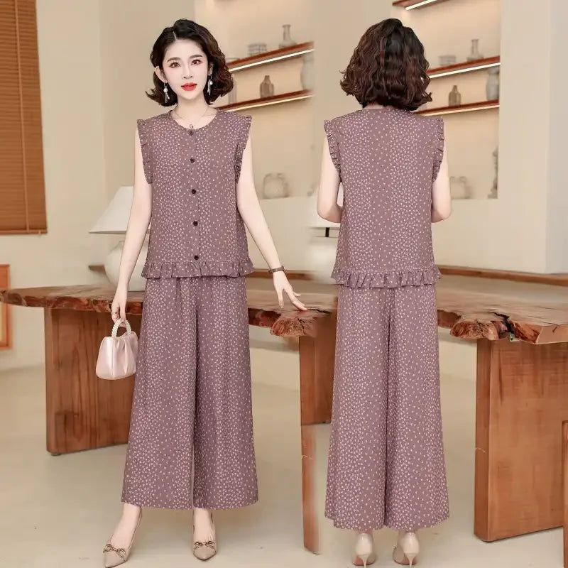 Women 2 Piece Outfit Sleeveless Printed Top And Wide Leg Pants Summer Casual Mom Wear For Middle Aged
