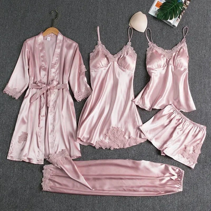 5-piece Set of Women's Sleepwear Sexy Silk Nightgown Lace | SAMAG