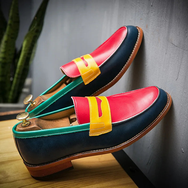 Italian Luxury Brand Patchwork  Loafers Men's Multicolor Leather Shoes Slip-on Fashion Soft-soled Casual Shoes Wedding Moccasin