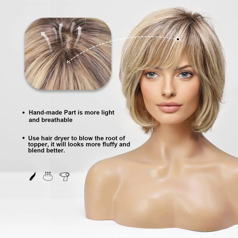 Short Straight Blonde Brown Lace Front Human Hair Wigs with Bangs for Women 100% Remy Human Hairs Bob Natural Wavy Layered Wigs