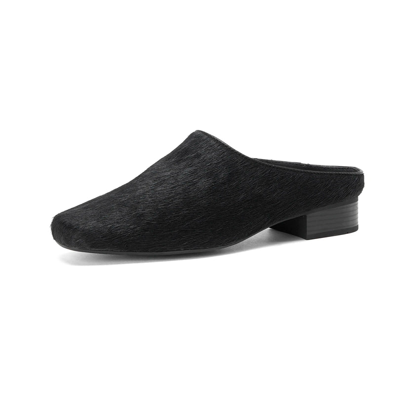 Genuine Leather Horsehair Women Mules,Low Block Heels Women Shoes, Slip-on Fashion Slippers