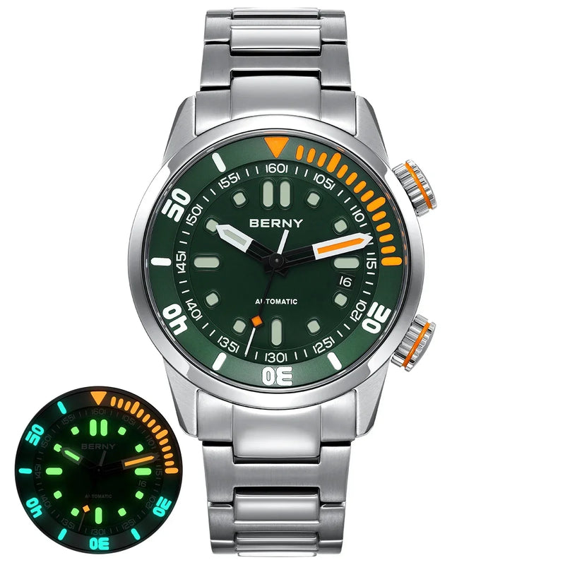 BERNY Automatic Dive Watch for Men Super Luminous 20ATM Diver Wristwatch Original Top Sapphire Swim Sport Mechanical Male Watch