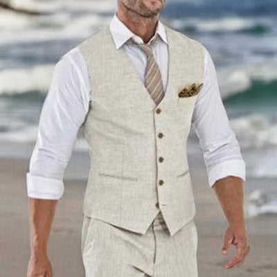 Beige Linen Suit Vest for Men Wedding Summer Beach One | SAMAG