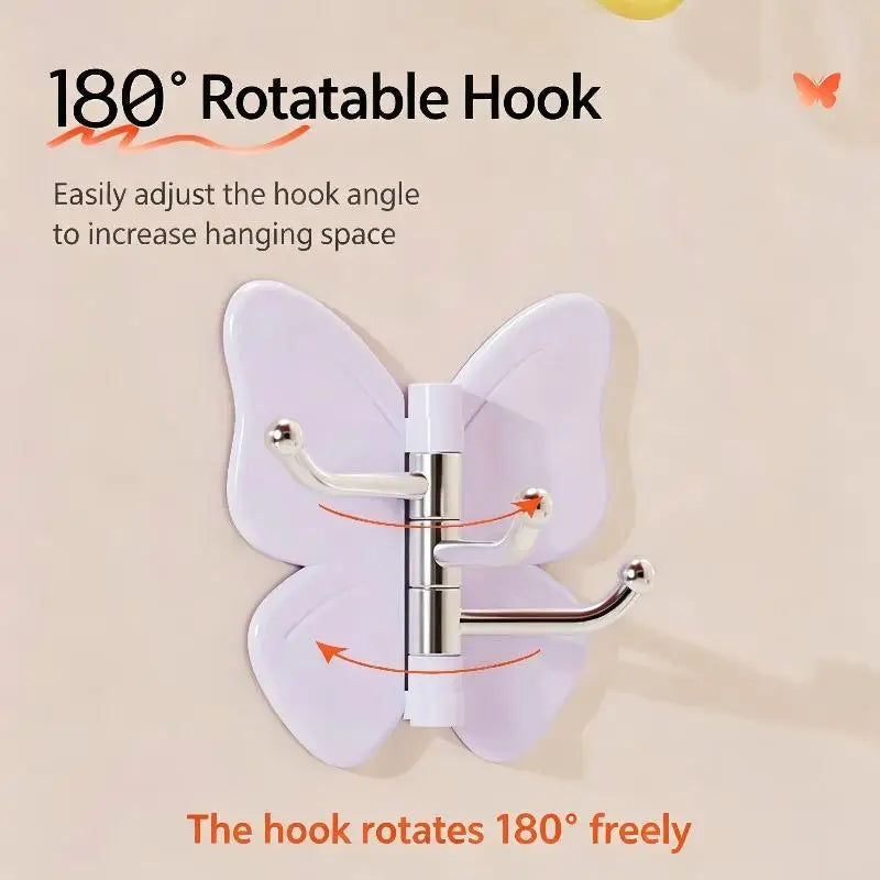 【S】Butterfly Shaped Sticky Wall Hooks 180 Degree Rotatable No Drill Needed For Bathroom Kitchen Bedroom Home - View 2 | SAMAG