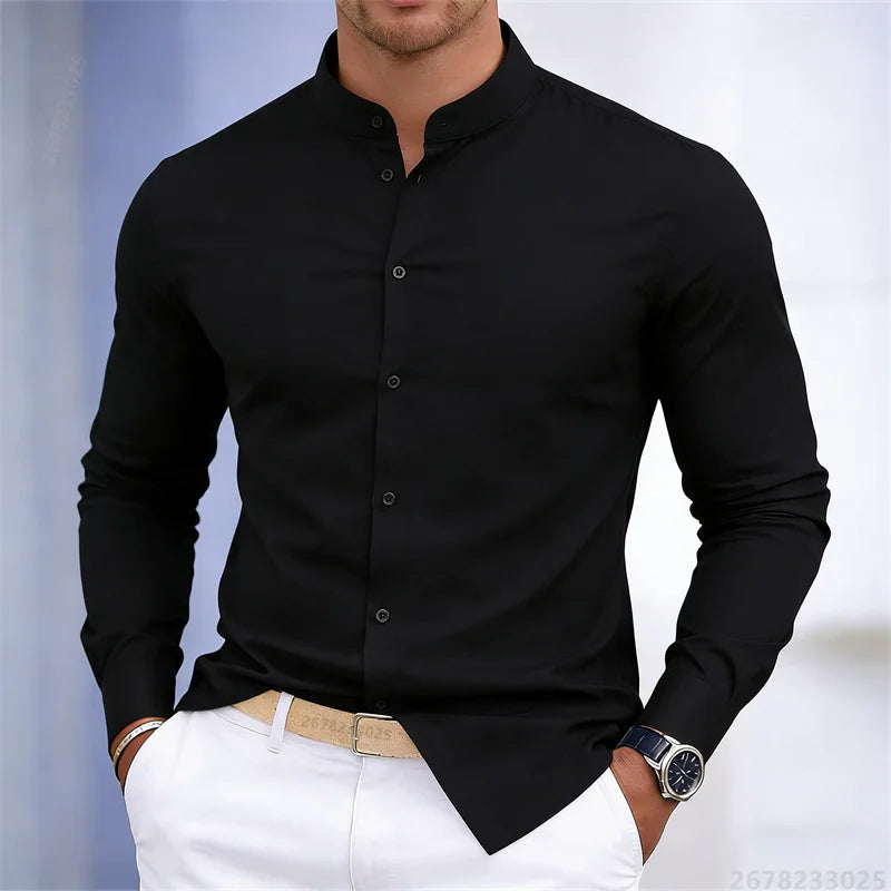 Men's stand-up collar white or black long-sleeved shirt | SAMAG