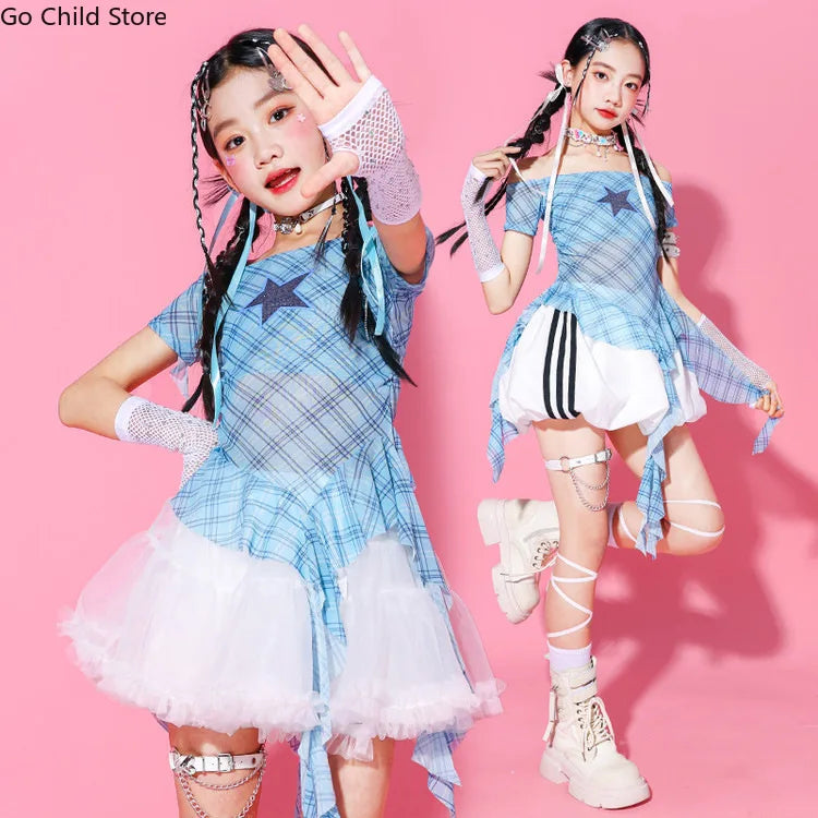 Girls K - pop Off Shoulder Crop Top Tutu Skirt Kids Hip Hop - View 3 | SAMAG