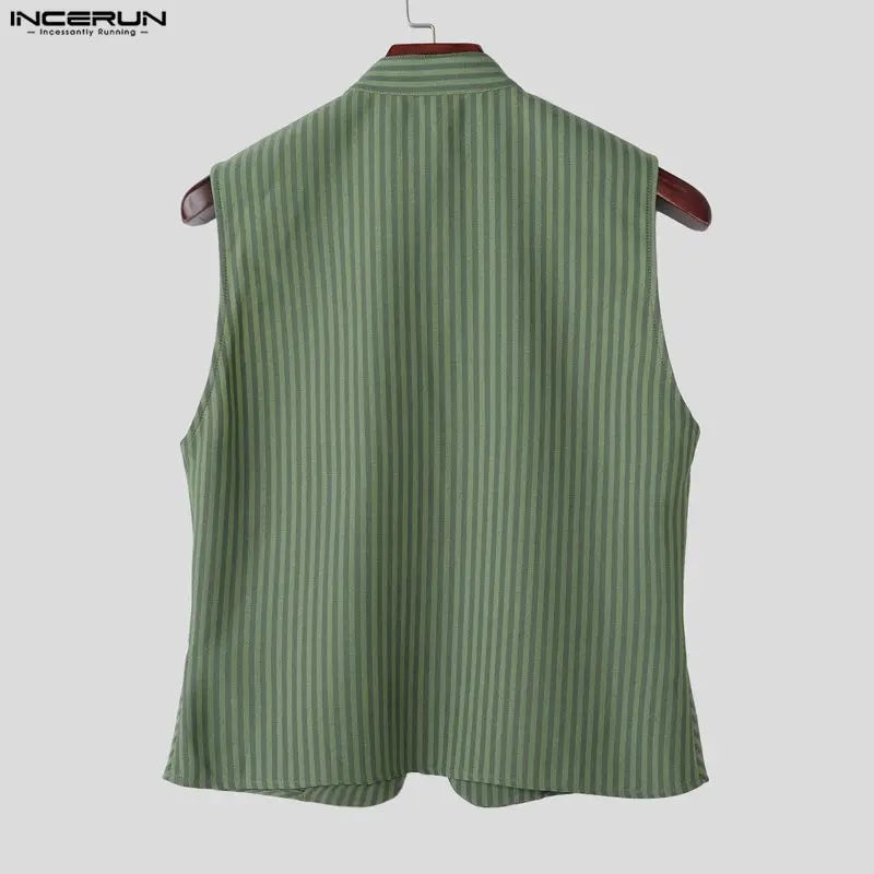 INCERUN Men Vests Striped Stand Collar Sleeveless Open Stitch Male Waistcoats Streetwear 2026 Fashion Casual Crop Vests For Man