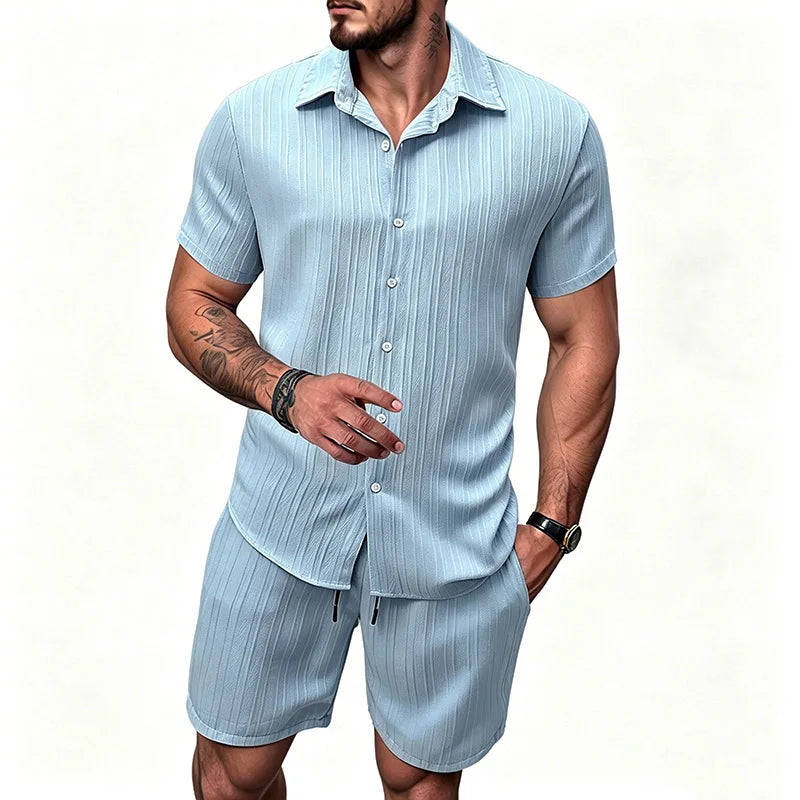 Men Vertical Wrinkle Lapel Short Sleeve Shirt Regular Fit | SAMAG