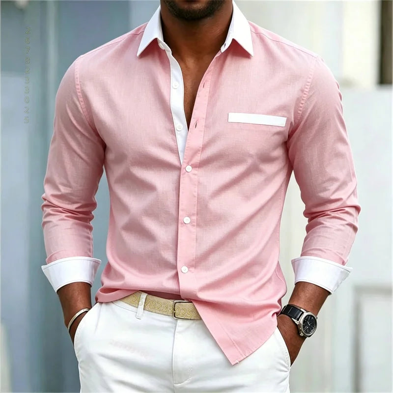 Men's shirt color blocking black and white lapel slim fit | SAMAG