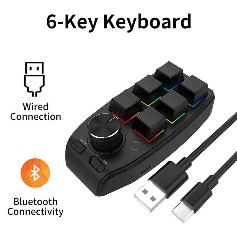 6 Key 1 Knob Bluetooth Keyboard USB Macro Custom Mini Keypad Copy Paste DIY Mechanical Keyboard Gaming Drawing Portable Hot-swap