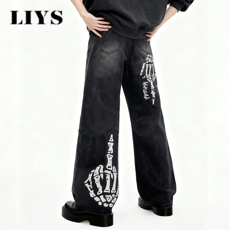 Men's Black Skull Finger Print Baggy Wide Leg Jeans | SAMAG