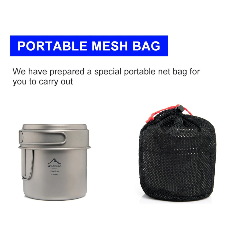 Widesea Ultralight Titanium Camping Pot 1100ml Foldable Handle Portable Outdoor Cookware with Mesh Bag for Backpacking Hiking Tr