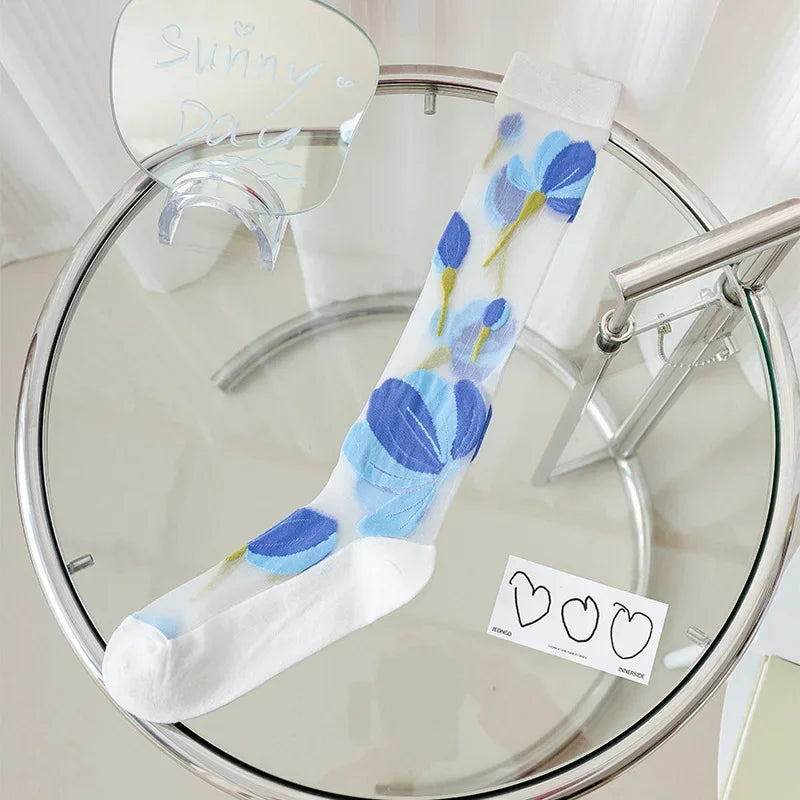 Stockings Women Summer Ultra-thin Transparent Nylon Long Socks Floral Print Sexy Lace Mesh Fishnet Stockings Kawaii Knee Socks
