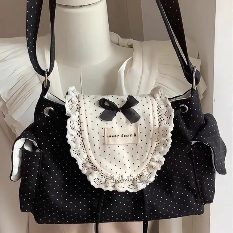 Korean Lace Polka Dot Shoulder Bag Cute Drawstring Flap Crossbody Handbag Retro Sweet Vintage Messenger Purse Daily Casual Hobo