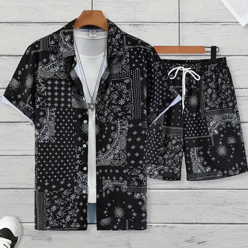 Men's Summer Holiday Suit Retro Textured Printed Border Shirt Short Sleeve Two Piece Breathable Pool - View 13 | SAMAG