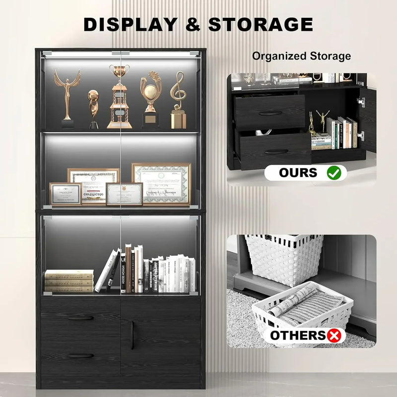 Display Cabinet with Glass Doors, 4-Tier Display Case with 3-Color Lights & Human Body Sensor, Storage Cabinets with 3 Shelves &