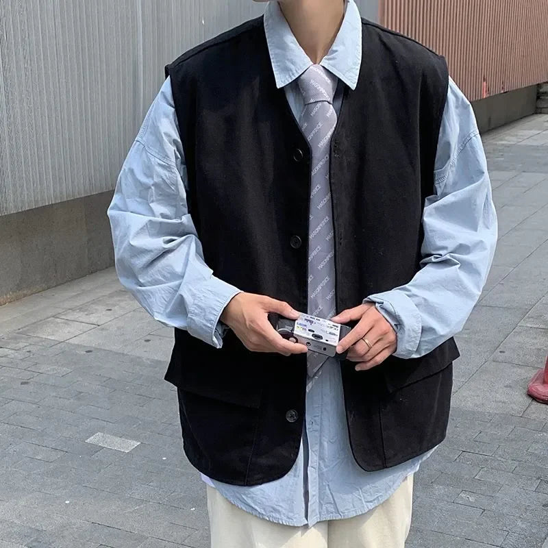 Men's Sleeveless Vest Trendy Cardigan Jacket Hong Kong Style Retro Vest Versatile Solid Color Vest