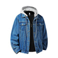 Autumn Men's Green Hooded Denim Jacket, Detachable Hood, Available in Gray, Black, and Blue.