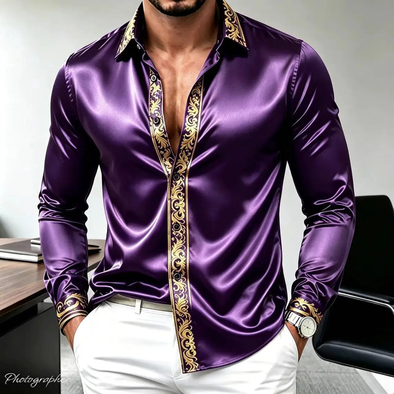 Men's Luxury Satin Silk Shirt Long Sleeve Gold Baroque | SAMAG