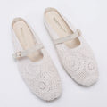 Trendin Mode Women's Knit Mules Square Toe Crochet Knit Slip-on Flats with Adjustable Buckle Breathable Closed-Back Slides
