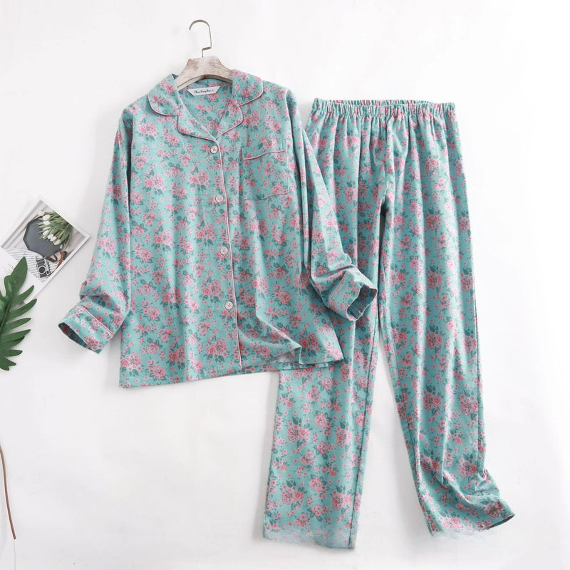 Cotton Flannel Women's Long Pants Pajamas Sets for Sleepwear Plaid Design Loose Autumn and Winter Long Sleeve Trouser Suits