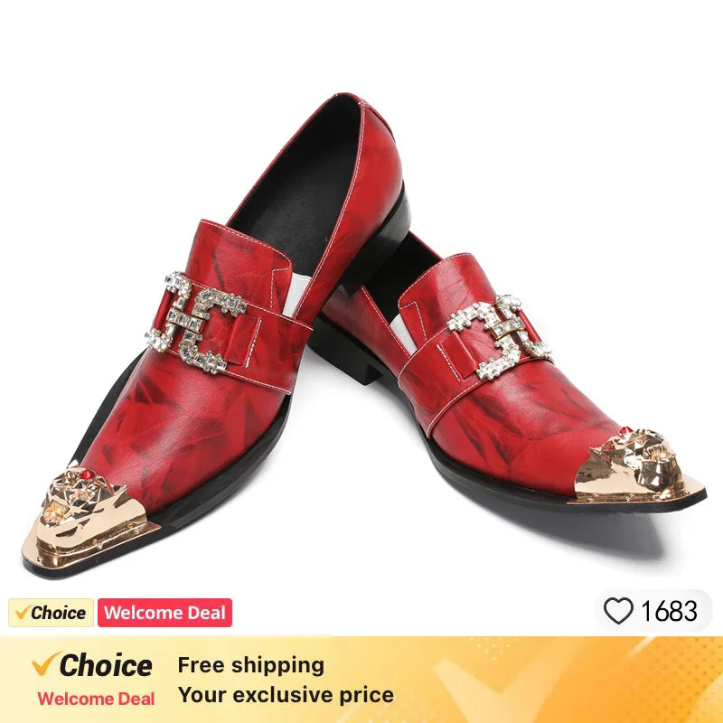 New red black Color Men Leather Shoes Men's Loafers with Gold Toe and Metal Party Wedding Men Dress Shoes
