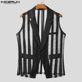 Men Vests Mesh Striped Transparent Sexy Lapel Sleeveless One Button Male Waistcoats Streetwear 2025 Fashion Casual Vests INCERUN