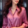 Ele Purple Silk Satin Long Sve Women's irt Profional Faionable Commuting Sle Autumn New Arrival Loose Fit Pol...